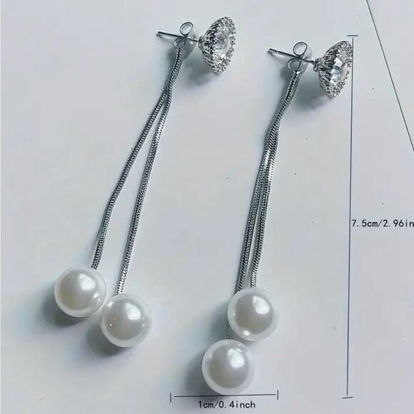Elegant Silver color and Pearl Drop 2.96 inches with crystal design Earrings - Picture 3 of 3